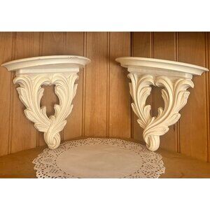 Vintage Off White Syroco Wood Ornate Wall Sconce Set of 2 Corbel Baroque Shelves